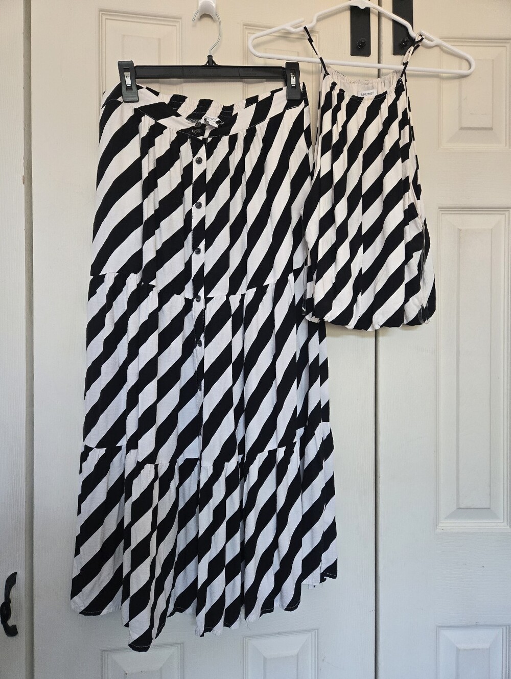 Nine West Black & White Diagonal Stripe Tiered Maxi Skirt